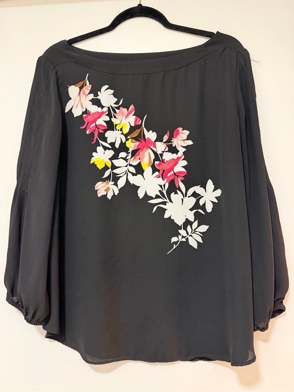 Ann Taylor Black Floral Boatneck Blouse with Pink & White Accents